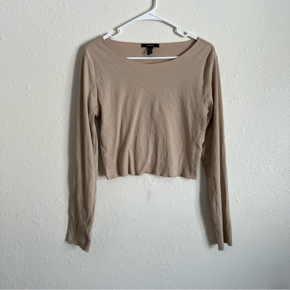 Forever 21 XL Women’s Long Sleeve Cropped Top - Taupe Beige